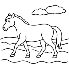         Horse walks along the seashore colouring page.
