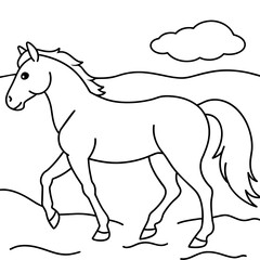         Horse walks along the seashore colouring page.
