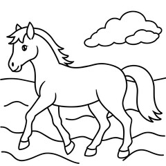         Horse walks along the seashore colouring page.
