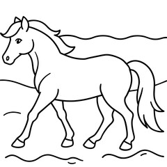         Horse walks along the seashore colouring page.
