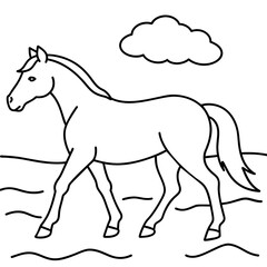         Horse walks along the seashore colouring page.
