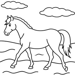         Horse walks along the seashore colouring page.

