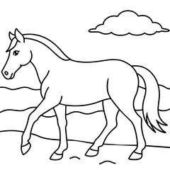         Horse walks along the seashore colouring page.

