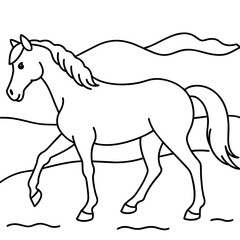         Horse walks along the seashore colouring page.
