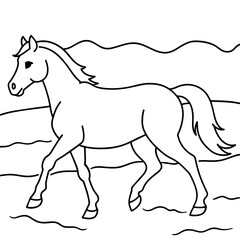         Horse walks along the seashore colouring page.
