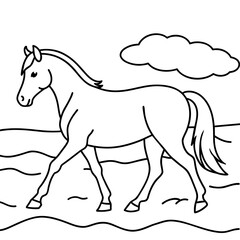         Horse walks along the seashore colouring page.
