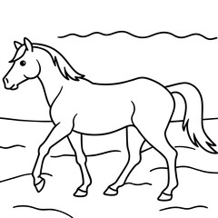         Horse walks along the seashore colouring page.
