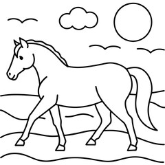         Horse walks along the seashore colouring page.
