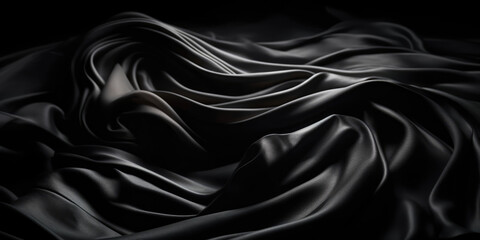 Obraz premium Black Silk fabric on Black Background, Closeup. Abstract black textile background