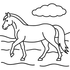         Horse walks along the seashore colouring page.
