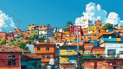 illustration of a favela in São Paulo Brazil with a big blue sky