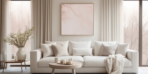 Elegant scandi boho modern living room with mockup frame modern minimal beige living room interior design