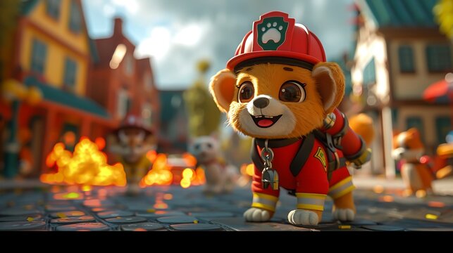 Cartoon firefighter saving pets in a 3D town, vibrant flames backdrop, heroic and joyful stance