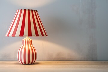Striped lampshade on table against grey background. Circus tent chic trend. Interior design and...