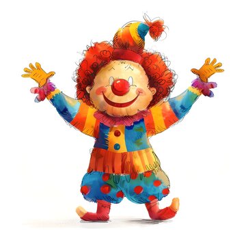 Cheerful clown with colorful costume isolated on white background. Vintage style illustration. Clowncore, circus aesthetics concept. Happy atmosphere. Element for design, print 
