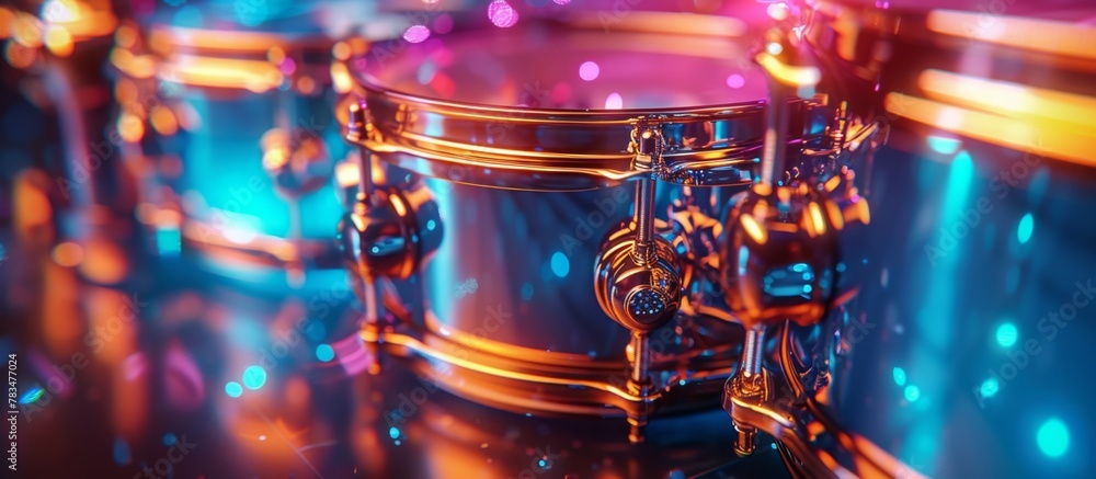 Poster close-up view of a group of drums with atmospheric lighting in the background, creating a visually s