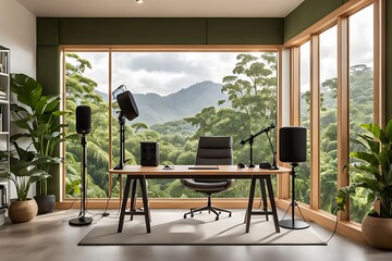  Modern podcast studio or interview room at a home office with a beautiful and calm natural background design. 