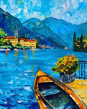 Colorful boat ride on Lake Como in a painting
