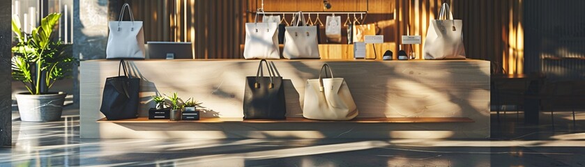 Array of minimalist totes from organic cotton, stylishly presented in an urban shop, showcasing...