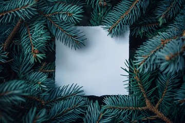 A white blank paper card sits in the center of dark green pine tree branches that frame the background in a top view. It is a concept for Christmas and the New Year.