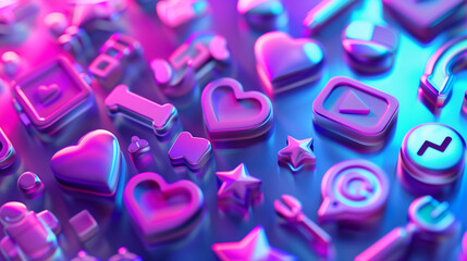 Fototapeta premium Vibrant 3D Hearts and Social Media Icons Floating in a Neon Dreamscape