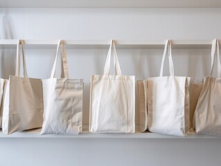 Line of organic cotton bags on a clean, minimal display, each featuring a unique custom print, tailored for urban style and corporate use