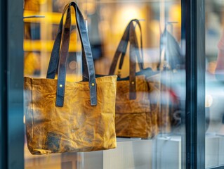 Trendy tote bag on display in a boutique window, emphasizing its role as a fashionable everyday carry item