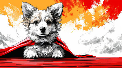 A cartoon dog wearing a red cape stands on a red table against a yellow and orange background.