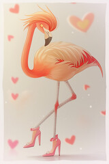 A cartoon flamingo wearing pink high heels.