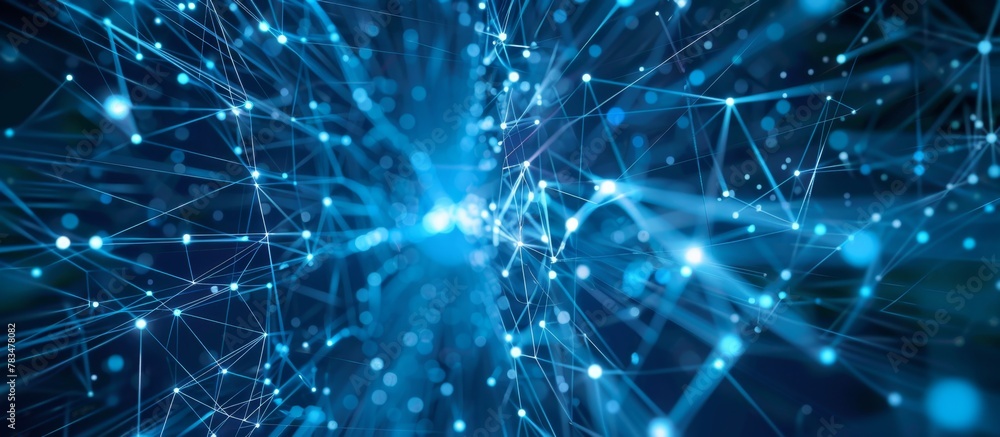 Poster detailed focus on a complex network of interconnected blue wires, showcasing a close-up view of the 