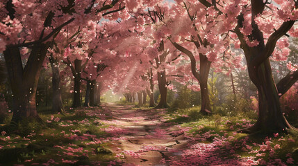 Under the cherry blossom tree, pink and white petals gently fall, adorning the ground below.
