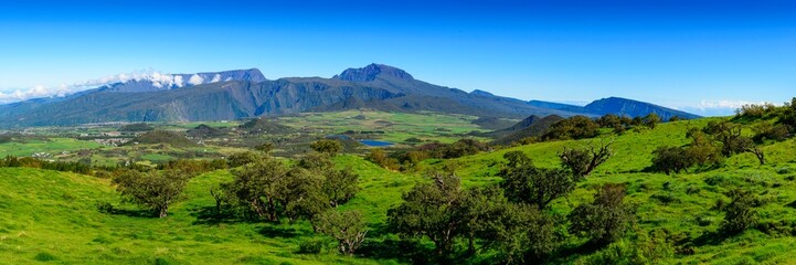 Wide view of landscape of Piton des Neiges peak and nature at Reunion Island