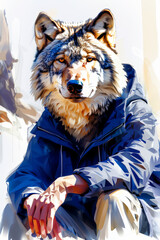 A photo of a wolf in a blue jacket, sitting on a rock in the snow.