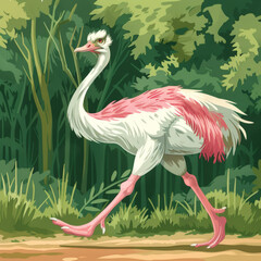 A pink ostrich walking through a green jungle.