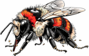 A realistic drawing of a bumblebee on a white background - obrazy, fototapety, plakaty