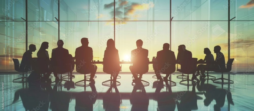 Poster several individuals are gathered around a table placed in front of a large window, engaging in conve