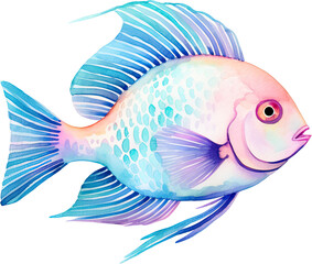 watercolor painting of tropical fish and flowers on white background, watercolor illustration 