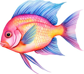 watercolor illustration of tropical fish and flowers on white background, watercolor painting