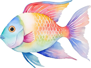 watercolor painting of tropical fish and flowers on white background, watercolor illustration 