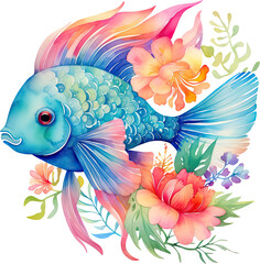 watercolor painting of tropical fish and flowers on white background, watercolor illustration 