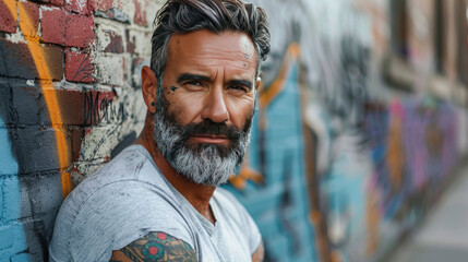 A middle-aged man with a beard and tattoos strikes a confident pose against a gritty urban graffiti...