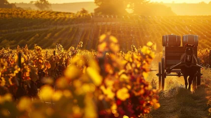 Fototapeten The warm sun casts a golden glow over the vineyards where a stylish horsedrawn carriage pulls a trailer filled with barrels of biofuel. The peaceful atmosphere reflects the harmony . © Justlight