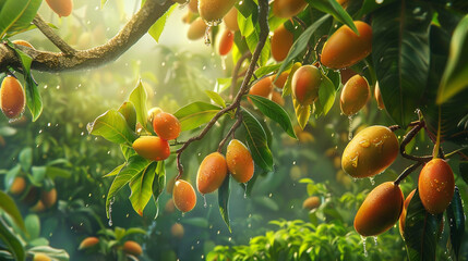 Under a mango tree, a wanderer delights in the succulent sweetness of the fruit. - obrazy, fototapety, plakaty