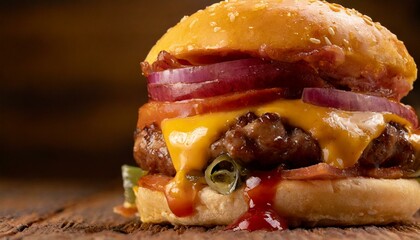 Burger with cheddar cheese, bacon and onion. Ketchup in the composition. Macro photography.
 - obrazy, fototapety, plakaty