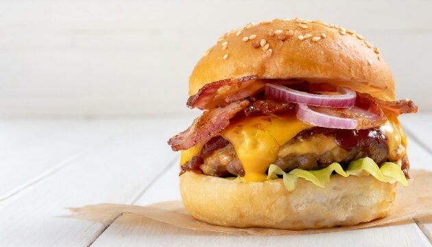 Burger with cheddar cheese, bacon and onion on white wooden background. Empty space in the image.
