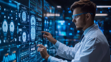 Medical technology, innovation health and medical research, healthcare and medicine concept. Doctor or technician working with AI data analysis, lab experiment, data science.