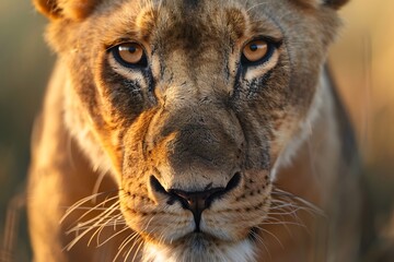 Fototapeta premium Close-up of a Lioness in the African Savannah Showing Her Strength and Beauty