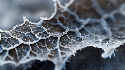 A macro shot of frost on a leaf, where the ice crystals form a delicate, abstract pattern that resembles a network of rivers seen from space. 32k, full ultra hd, high resolution
