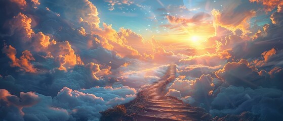 Pathway to peace, stairway caressed by clouds, sun's glow above - obrazy, fototapety, plakaty