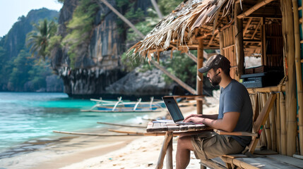 A man sitting at an outdoor wooden table on the beach, working with his laptop in front of him....